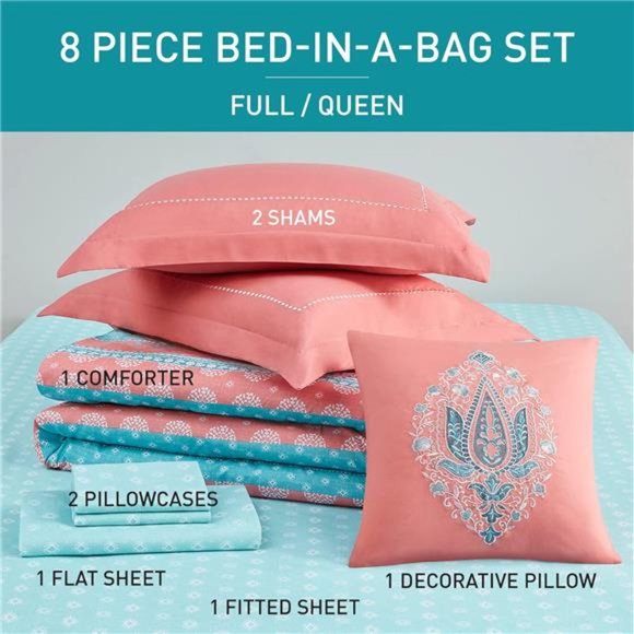 Bed in A Bag Queen Size, Boho Mandala 8 Piece Complete Comforter Sets with Sheet - Picture 6 of 7